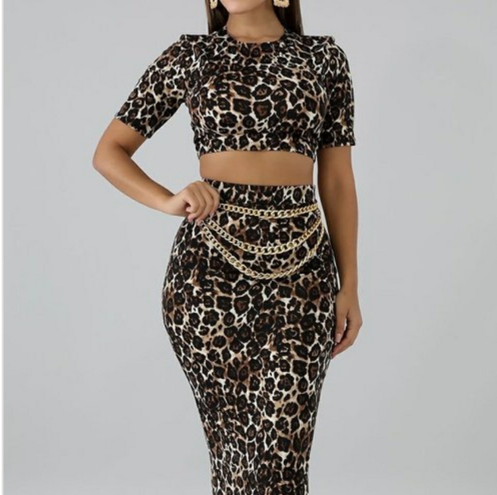 Lepoard Crop Top & High Waist Midi Skirt Set
